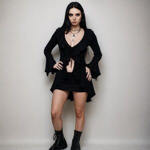 Bebe Black Merino Wool Blend Witchy Ruffle Front Tie Cardigan Sweater Size XS